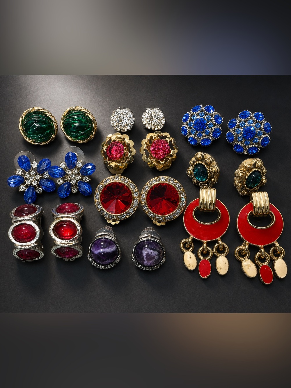 Vintage Statement Earrings Lot – 10 Pairs | Rhinestone, Enamel & Cabochon
